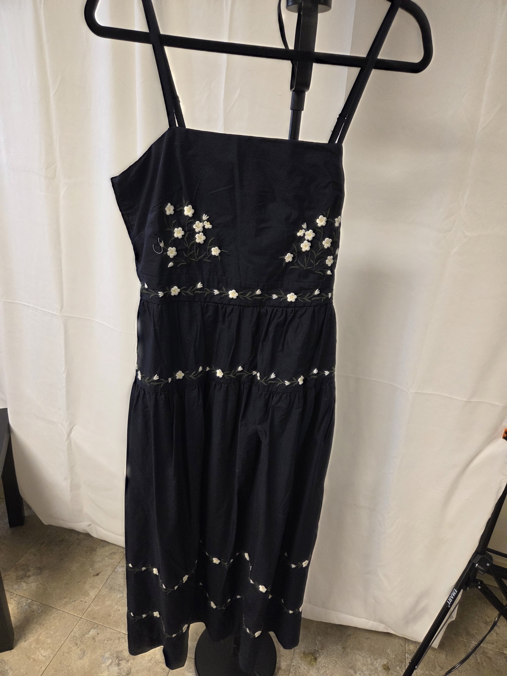 Blue Floral Embroidered Midi Dress with Spaghetti Straps